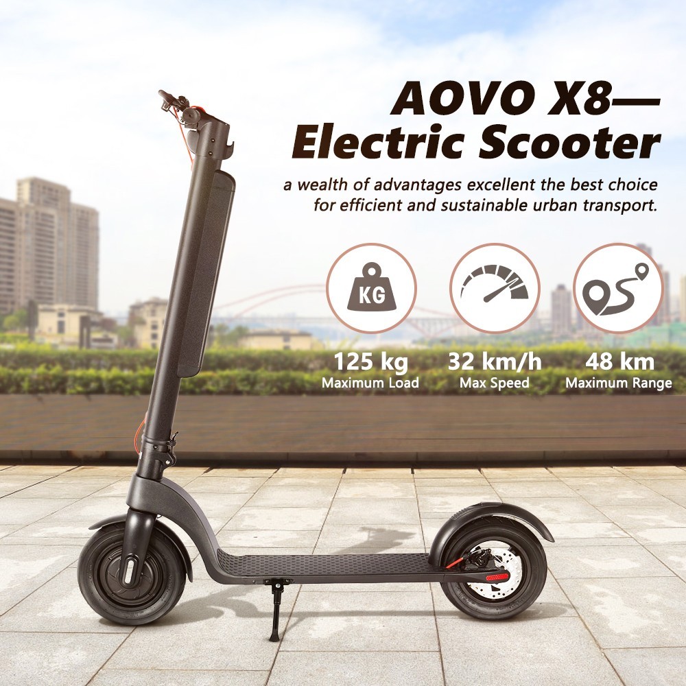 AOVO X8 Electric Scooter 10 inch Tire, 36V 10Ah Battery 350W Motor, 25km/h Max Speed 30-48km Range, 3 Speeds, Removable Battery, Black