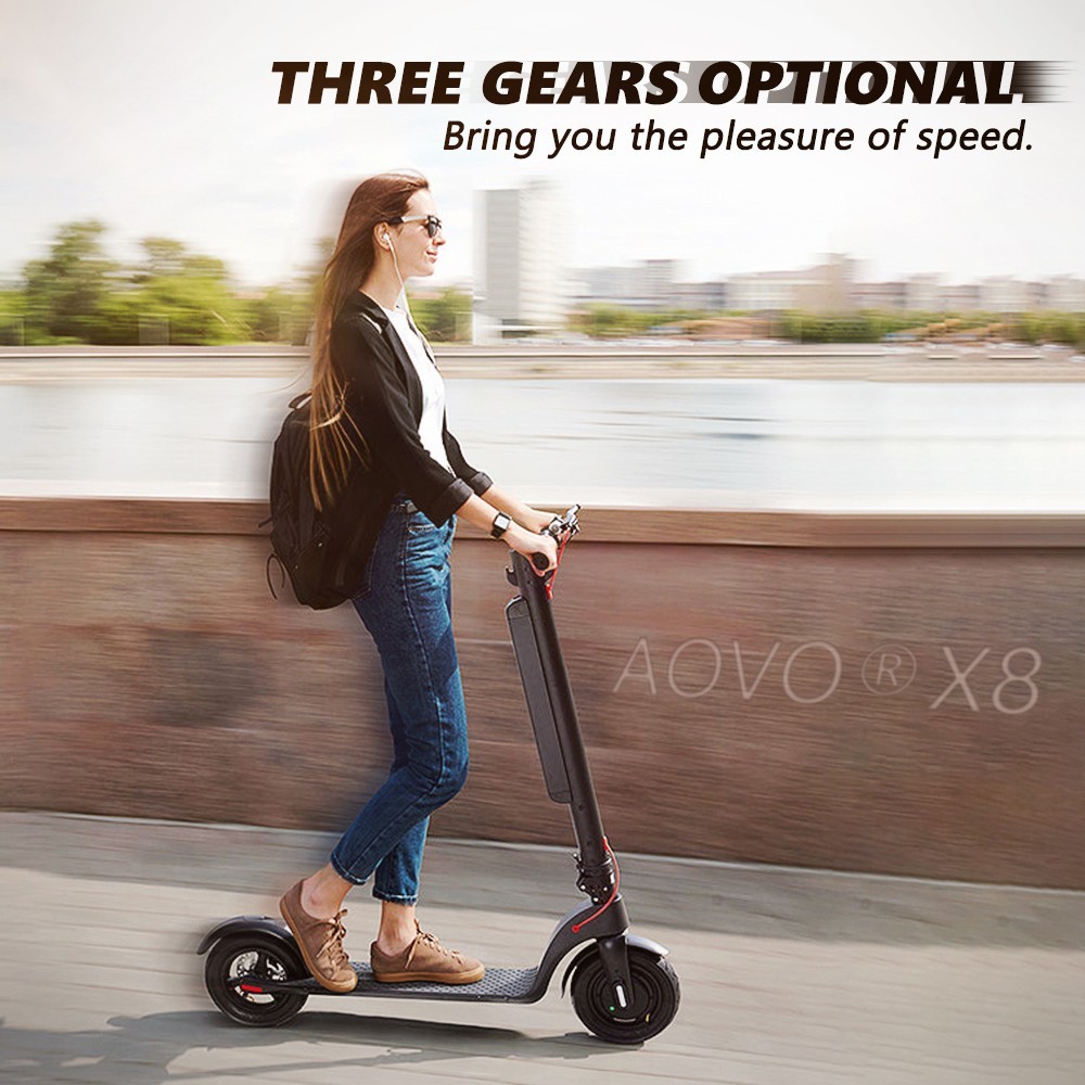 AOVO X8 Electric Scooter 10 inch Tire, 36V 10Ah Battery 350W Motor, 25km/h Max Speed 30-48km Range, 3 Speeds, Removable Battery, Black