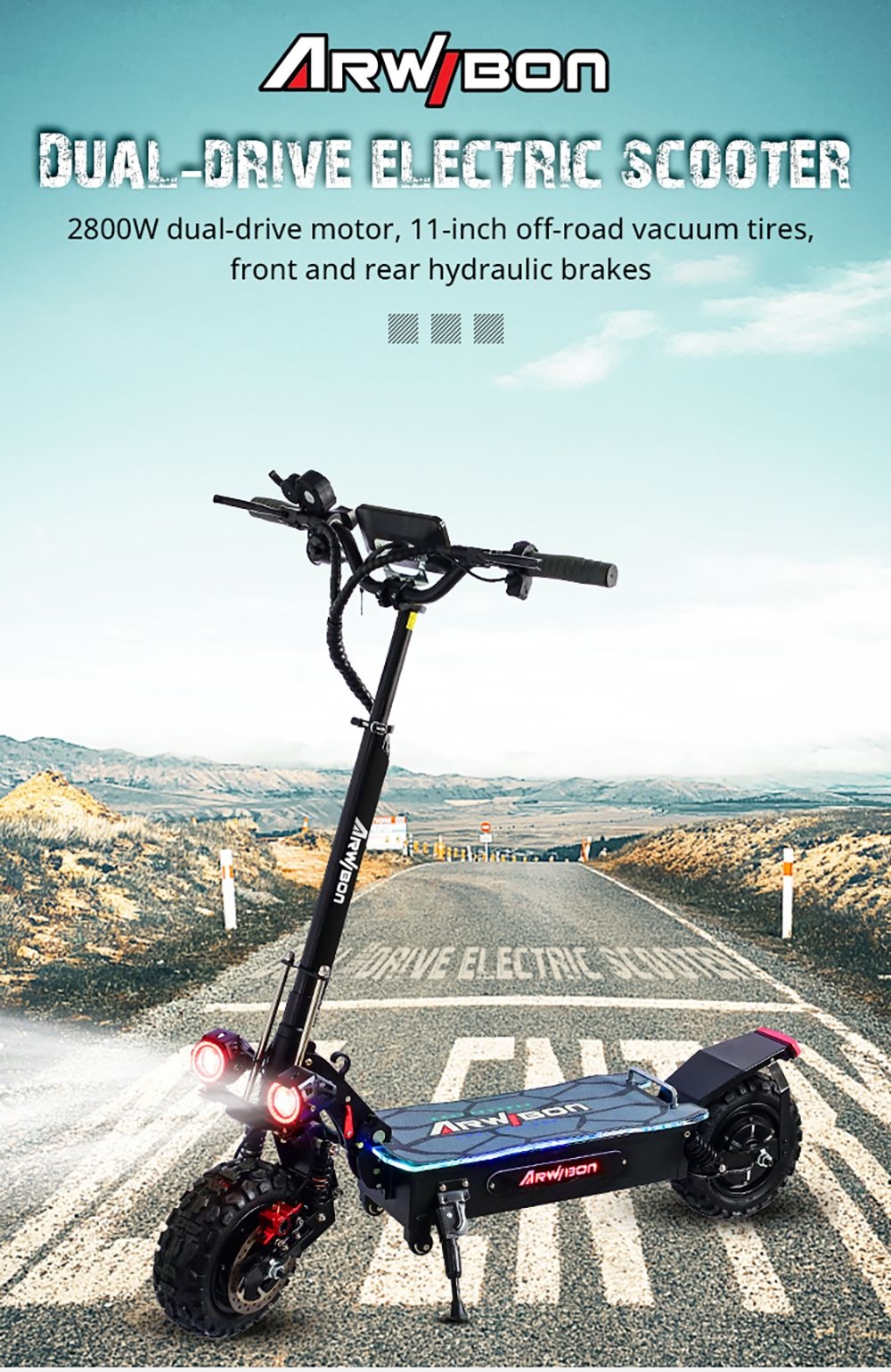 ARWIBON Q06 Pro Electric Scooter 11 inch Off-road Tire 60V 2800W Dual Motor 55-75km/h Max Speed 27Ah Battery 50-70kmRang