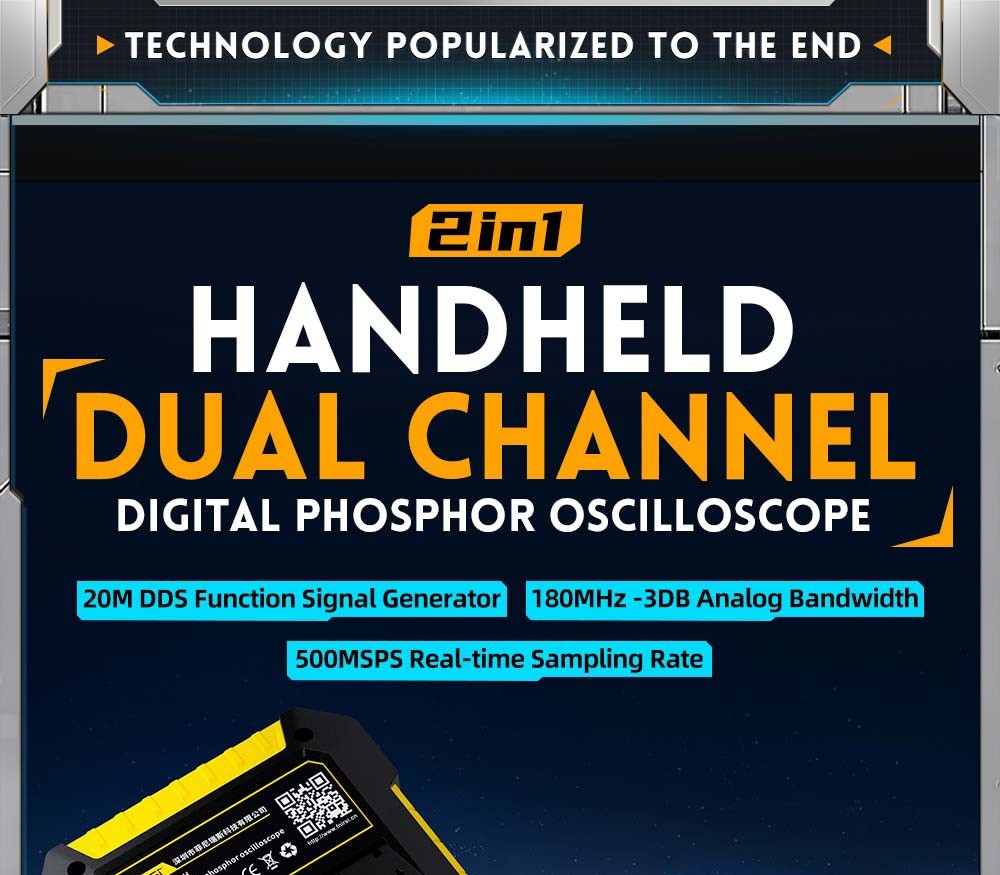 FNIRSI DPOX180H Digital Phosphor Oscilloscope 2 in 1 Dual-channel, 180MHz Bandwidth, DDS Signal Generator, US Plug - Yellow