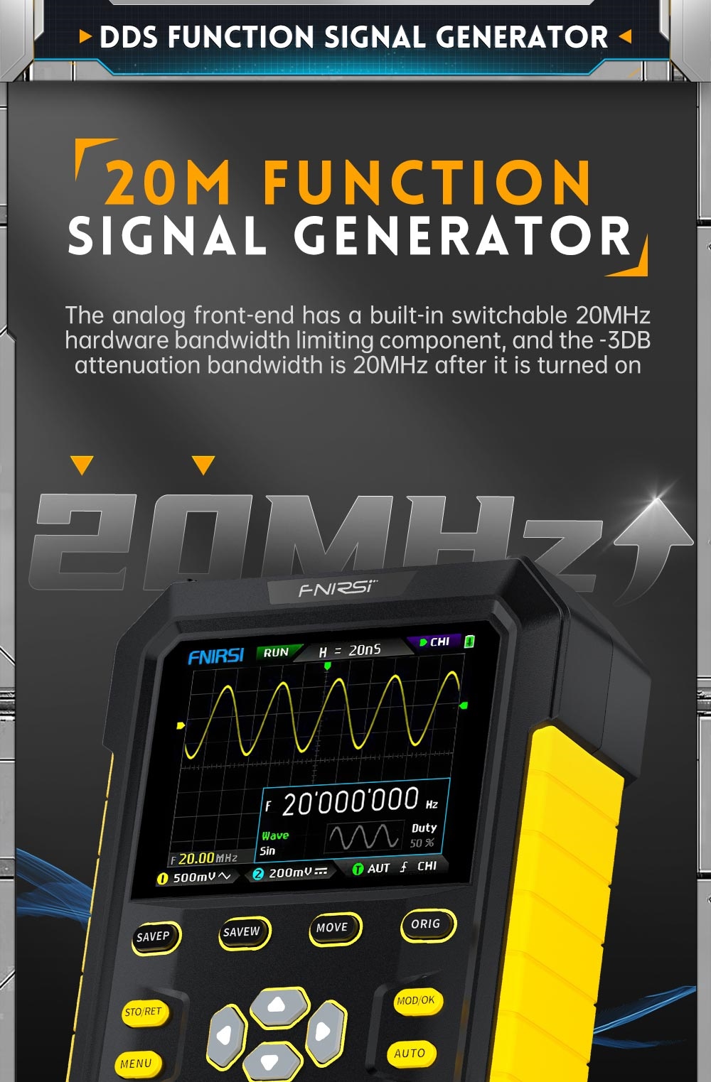 FNIRSI DPOX180H Digital Phosphor Oscilloscope 2 in 1 Dual-channel, 180MHz Bandwidth, DDS Signal Generator, US Plug - Yellow