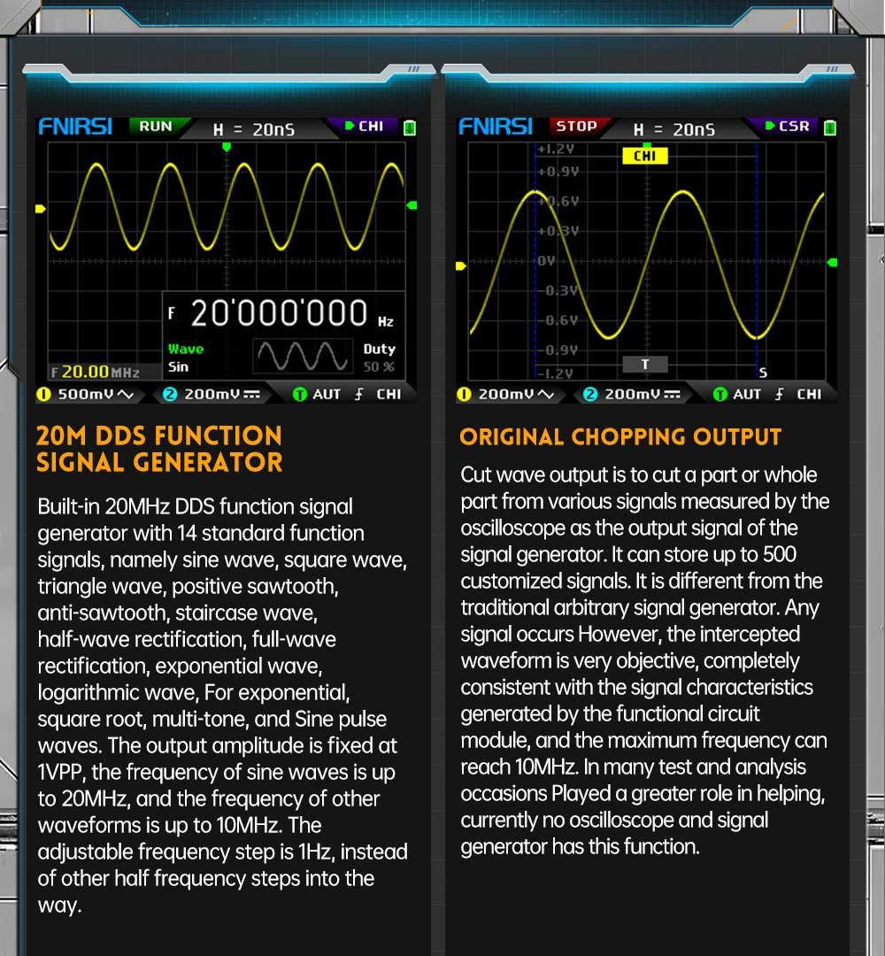 FNIRSI DPOX180H Digital Phosphor Oscilloscope 2 in 1 Dual-channel, 180MHz Bandwidth, DDS Signal Generator, US Plug - Yellow