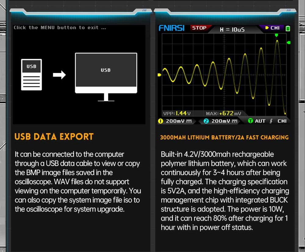 FNIRSI DPOX180H Digital Phosphor Oscilloscope 2 in 1 Dual-channel, 180MHz Bandwidth, DDS Signal Generator, US Plug - Yellow
