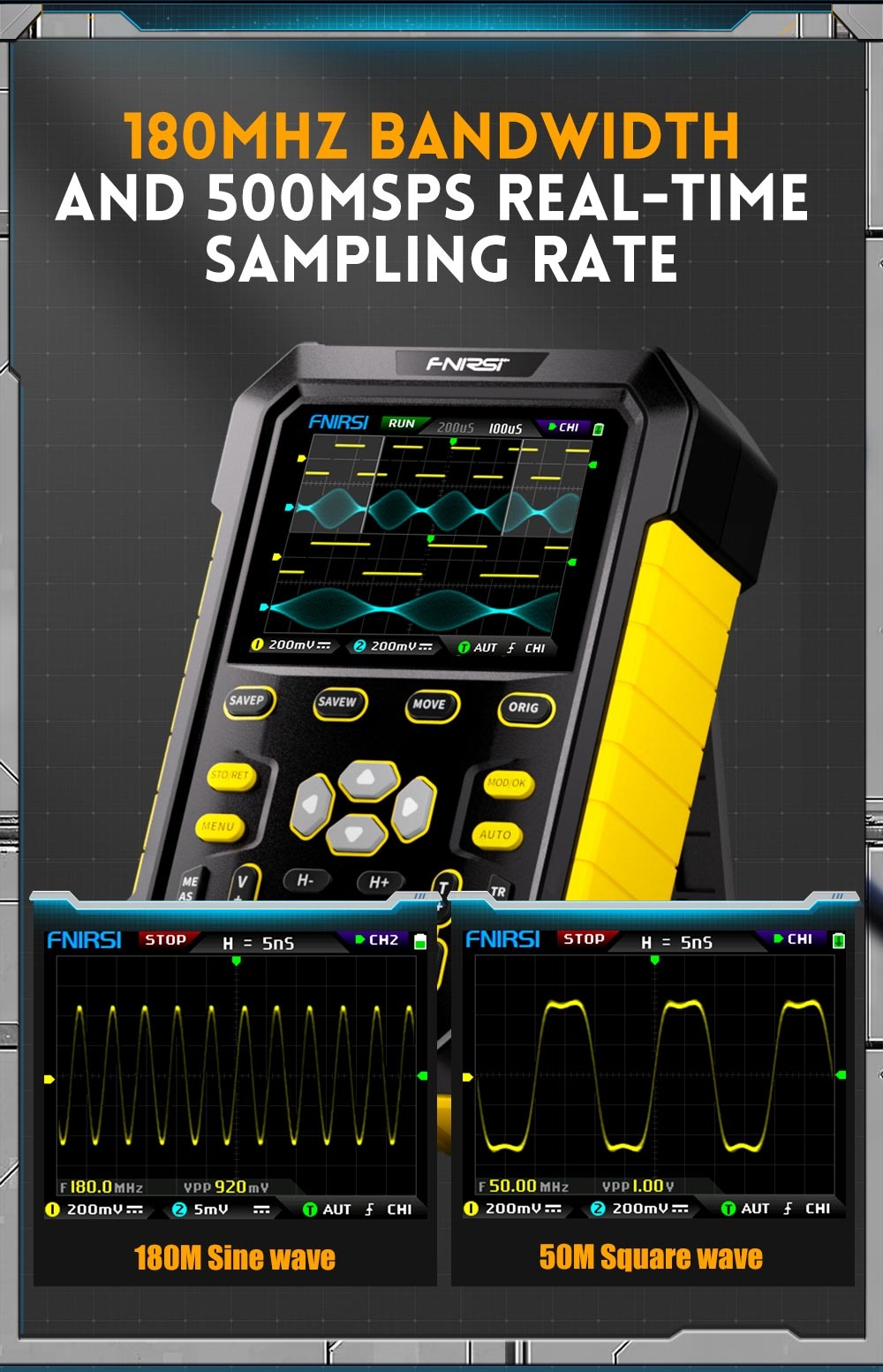 FNIRSI DPOX180H Digital Phosphor Oscilloscope 2 in 1 Dual-channel, 180MHz Bandwidth, DDS Signal Generator, US Plug - Yellow