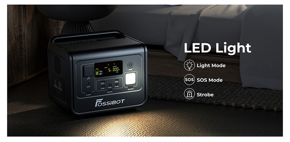 FOSSiBOT F800 Portable Power Station, 512Wh LiFePO4 Solar Generator, 800W AC Output, 200W Max Solar Input, 8 Outlets, LED Light - Black