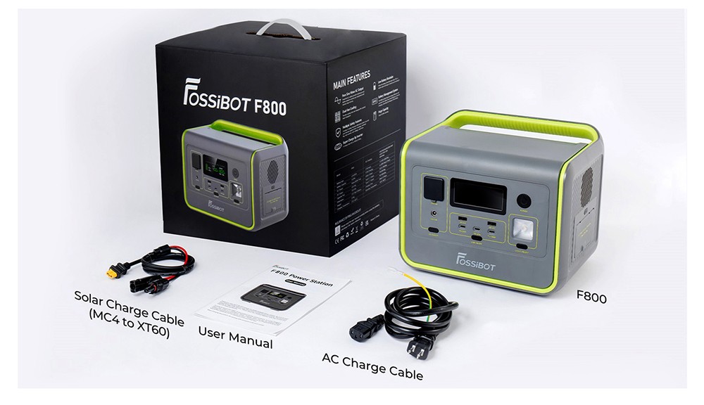 FOSSiBOT F800 Portable Power Station, 512Wh LiFePO4 Solar Generator, 800W AC Output, 200W Max Solar Input, 8 Outlets, LED Light - Black