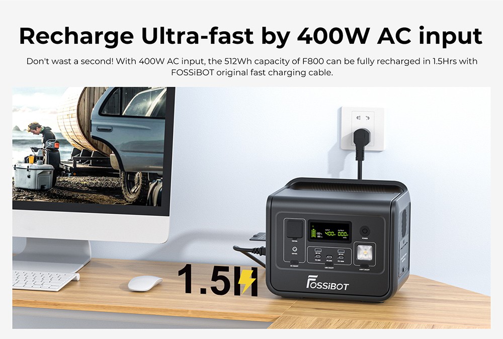 FOSSiBOT F800 Portable Power Station, 512Wh LiFePO4 Solar Generator, 800W AC Output, 200W Max Solar Input, 8 Outlets, LED Light - Black