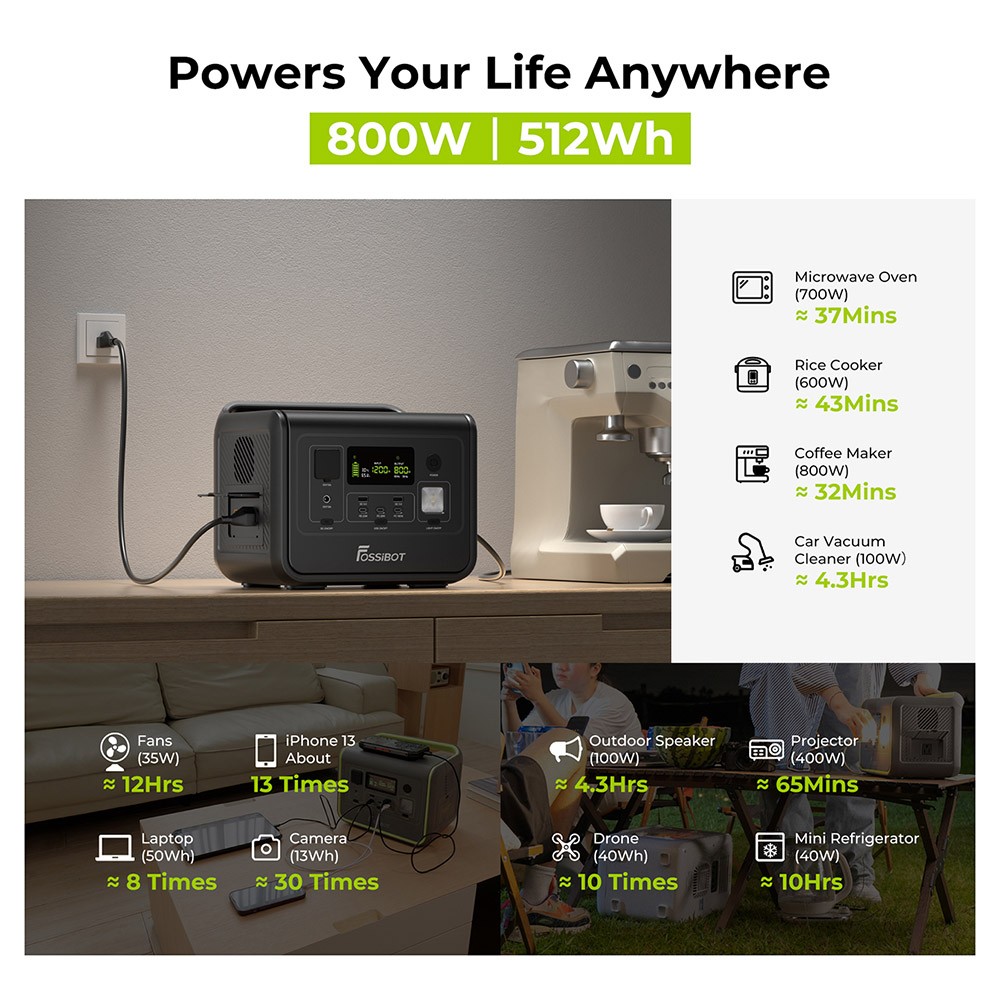 FOSSiBOT F800 Portable Power Station, 512Wh LiFePO4 Solar Generator, 800W AC Output, 200W Max Solar Input, 8 Outlets, LED Light - Black
