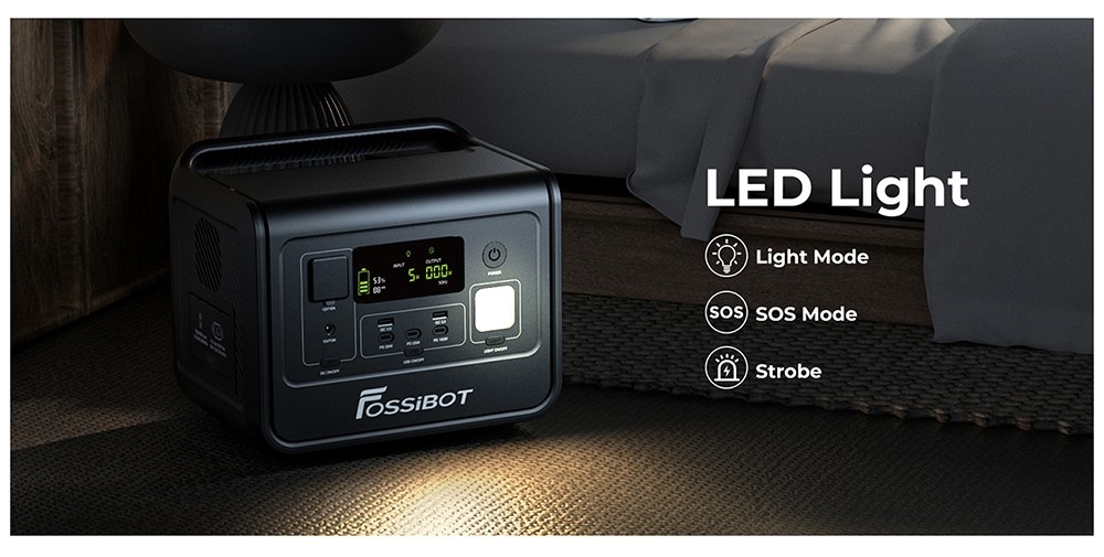 FOSSiBOT F800 Portable Power Station, 512Wh LiFePO4 Solar Generator, 800W AC Output, 200W Max Solar Input, 8 Outlets, LED Light - Black