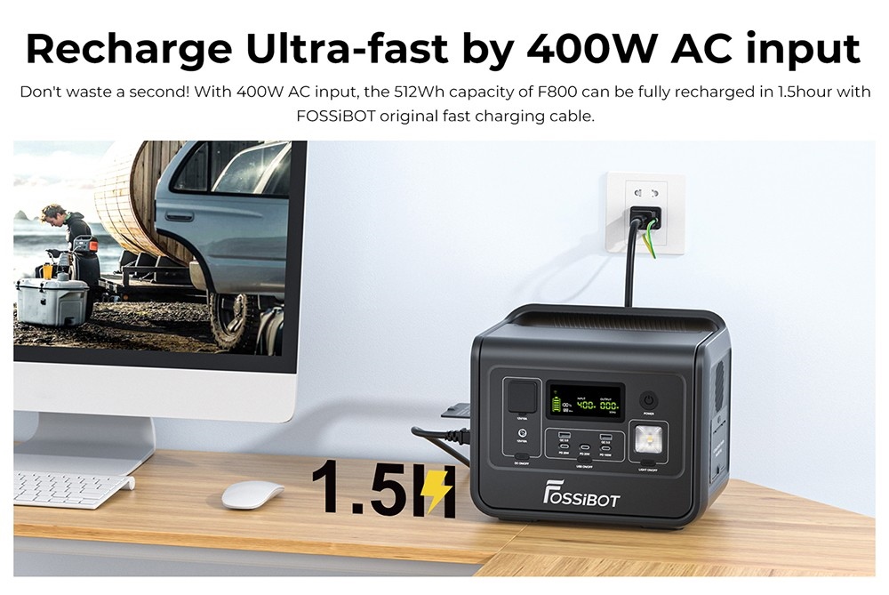 FOSSiBOT F800 Portable Power Station, 512Wh LiFePO4 Solar Generator, 800W AC Output, 200W Max Solar Input, 8 Outlets, LED Light - Black