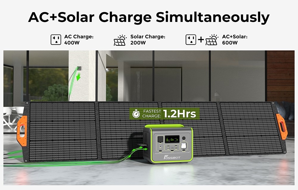 FOSSiBOT F800 Portable Power Station, 512Wh LiFePO4 Solar Generator, 800W AC Output, 200W Max Solar Input, 8 Outlets, LED Light - Black