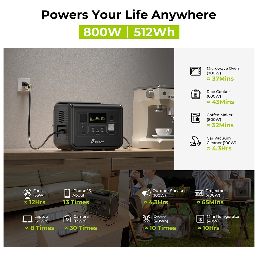 FOSSiBOT F800 Portable Power Station, 512Wh LiFePO4 Solar Generator, 800W AC Output, 200W Max Solar Input, 8 Outlets, LED Light - Black