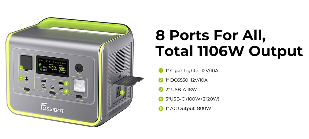 FOSSiBOT F800 Portable Power Station, 512Wh LiFePO4 Solar Generator, 800W AC Output, 200W Max Solar Input, 8 Outlets, LED Light - Black