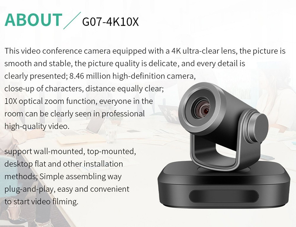 GUCEE G07-4K10X Webcam, 4K HD 10x Optical Zoom Auto Focus Built-in Microphone - Black, EU Plug