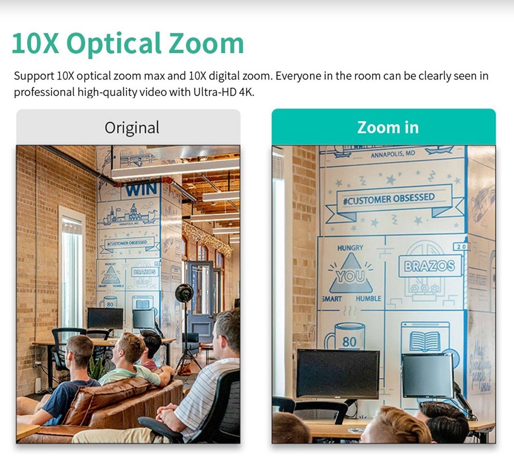 GUCEE G07-4K10X Webcam, 4K HD 10x Optical Zoom Auto Focus Built-in Microphone - Black, EU Plug