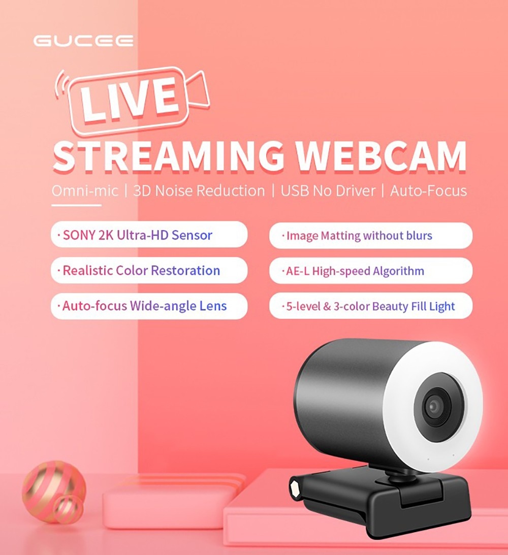 GUCEE HD88-2KAF Webcam, 28 LED Auto Focus HD 1080P 10x Digital Zoom for PC Streaming Conference - Black, EU Plug