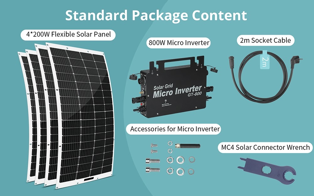 LANPWR 800W Balcony Power Plant with 4 x 200W Flexible Solar Panels, 23% Solar Conversion Efficiency, 99.80% Static MPPT Efficiency, WiFi Connection, IP67 Waterproof, Overvoltage Protection
