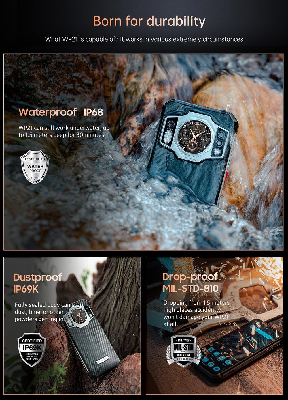 OUKITEL WP21 Rugged Smartphone, 12GB+256GB, 20MP Front Camera+64MP Rear Camera, 9800mAh Battery, 66W Fast Charging, 6.87 inch Screen, Android 12, Fingerprint Unlock