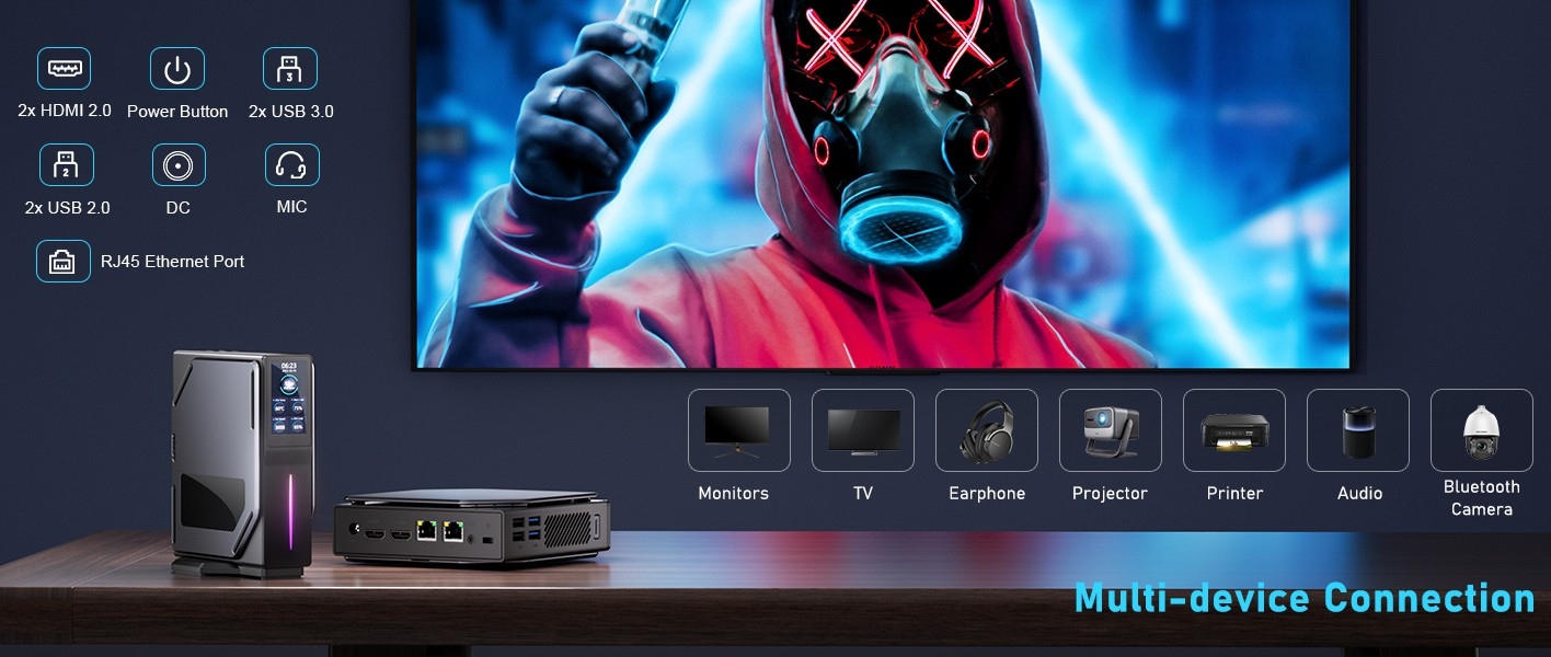 OUVIS S1 Mini PC with LCD Screen RGB Light, Intel Alder Lake N95 Windows 11 16GB RAM 512GB SSD WiFi 5 Bluetooth 4.2 - US Plug