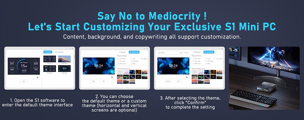 OUVIS S1 Mini PC with LCD Screen RGB Light, Intel Alder Lake N95 Windows 11 16GB RAM 512GB SSD WiFi 5 Bluetooth 4.2 - US Plug