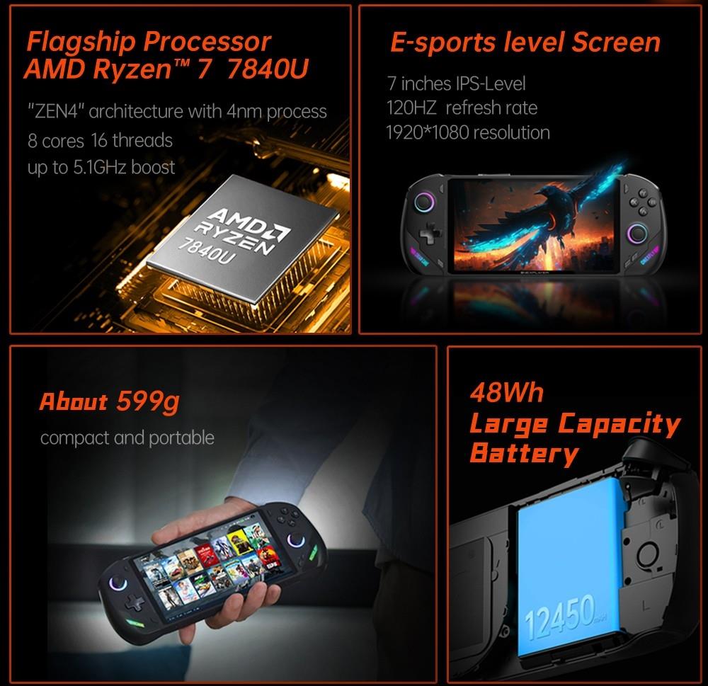 One Netbook ONEXFLY Handheld Game Console AMD Ryzen 7 7840U 32GB DDR5X RAM 1TB SSD 7-inch Windows 11 WiFi 6E Bluetooth 5.2 - Black, US