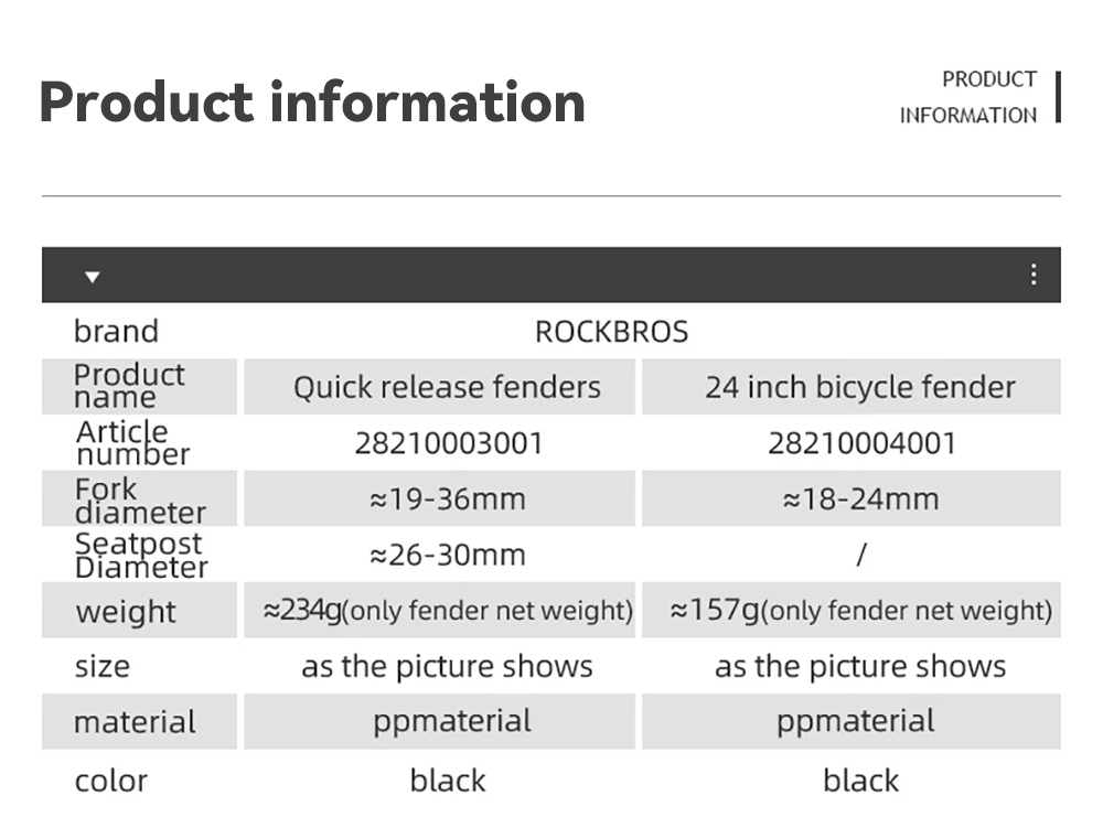 ROCKBROS Bike Fender 24 inches Bike Mudguard Cycling Mud Guard