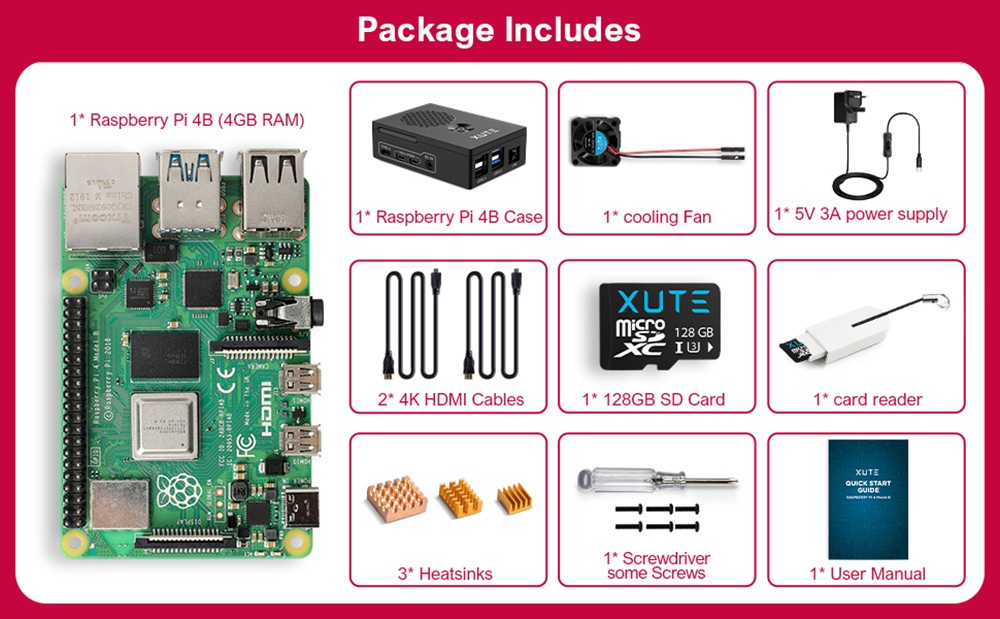 Raspberry Pi 4 Model B 4GB RAM Starter Kit with 128GB Micro SD Card - EU