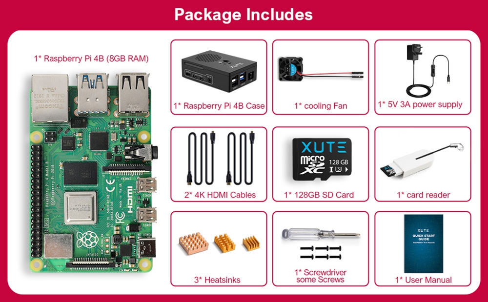 Raspberry Pi 4 Model B 8GB RAM Starter Kit with 128GB Micro SD Card - EU