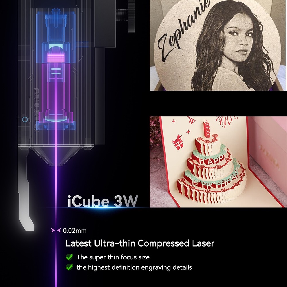 SCULPFUN iCube 3W Laser Engraver, 0.02mm Laser Spot, 10000mm/min Engraving Speed, 32-bit Motherboard, Replaceable Lens, Smoke Filter, Temperature Alarm, App Connection, 130x130mm - EU Plug