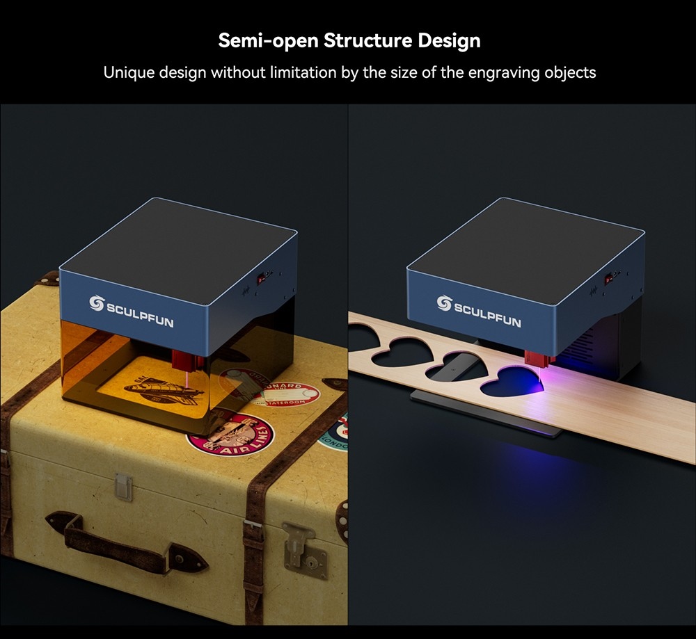 SCULPFUN iCube 3W Laser Engraver, 0.02mm Laser Spot, 10000mm/min Engraving Speed, 32-bit Motherboard, Replaceable Lens, Smoke Filter, Temperature Alarm, App Connection, 130x130mm - EU Plug