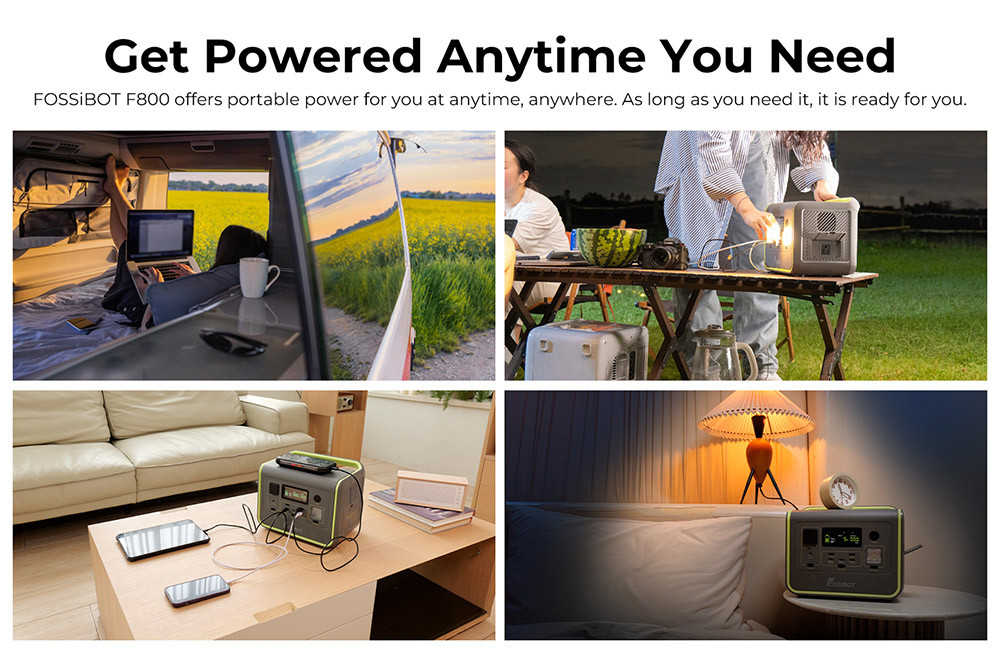 FOSSiBOT F800 Portable Power Station, 512Wh LiFePO4 Solar Generator, 800W AC Output, 200W Max Solar Input, 8 Outlets, LED Light - Black