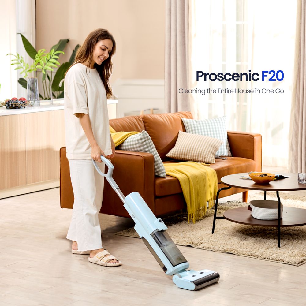 Proscenic WashVac F20 Cordless Wet Dry Vacuum Cleaner, Self-Cleaning, 15KPa Suction, 1L Water Tank, 4000mAh Detachable Battery, 45Mins Runtime, LED Display, App/Voice Control - Blue