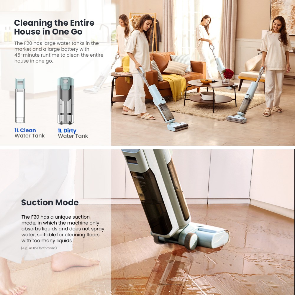 Proscenic WashVac F20 Cordless Wet Dry Vacuum Cleaner, Self-Cleaning, 15KPa Suction, 1L Water Tank, 4000mAh Detachable Battery, 45Mins Runtime, LED Display, App/Voice Control - Blue