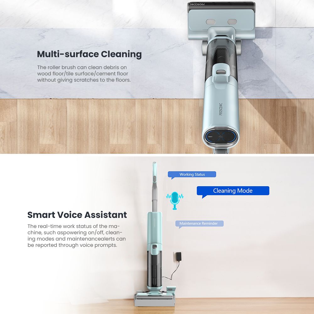 Proscenic WashVac F20 Cordless Wet Dry Vacuum Cleaner, Self-Cleaning, 15KPa Suction, 1L Water Tank, 4000mAh Detachable Battery, 45Mins Runtime, LED Display, App/Voice Control - Blue