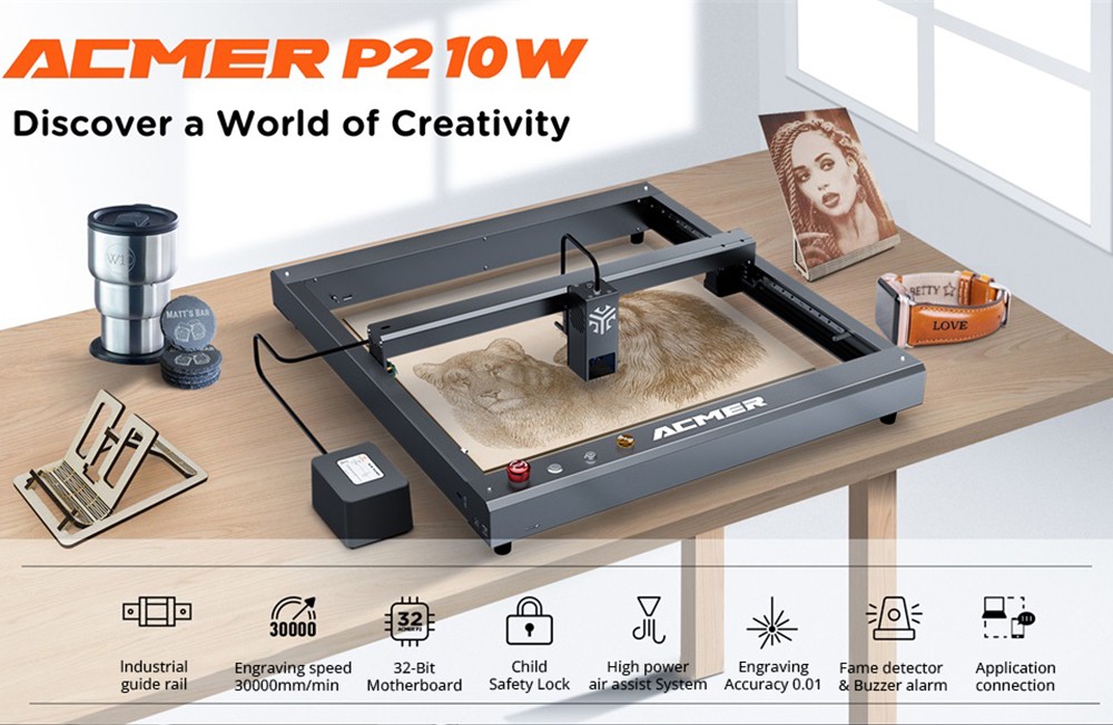 ACMER P2 10W Laser Engraver Cutter, Fixed Focus, Engraving at 30000mm/min, Ultra-silent Auto Air Assist, 0.01mm Engraving Accuracy, iOS Android App Control, Pre-Assembled, 420*400mm