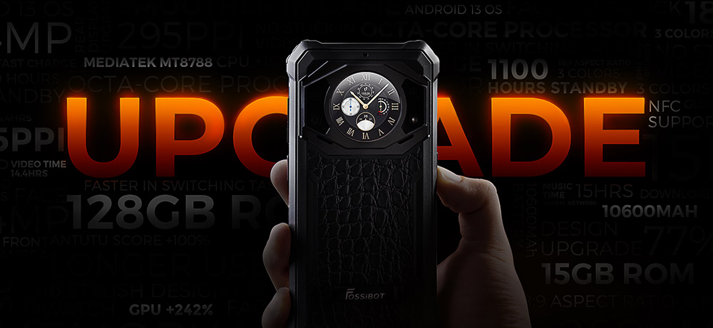 FOSSiBOT F101 PRO Robustes Smartphone, entsperrt 2023, 8 GB + 128 GB, AI-Dreifachkamera, funktionales Display auf der Rückseite, 10600 mAh großer Akku, Entsperrung per Fingerabdruck/Gesicht, NFC, HAC, Android 13.0 – Schwarz