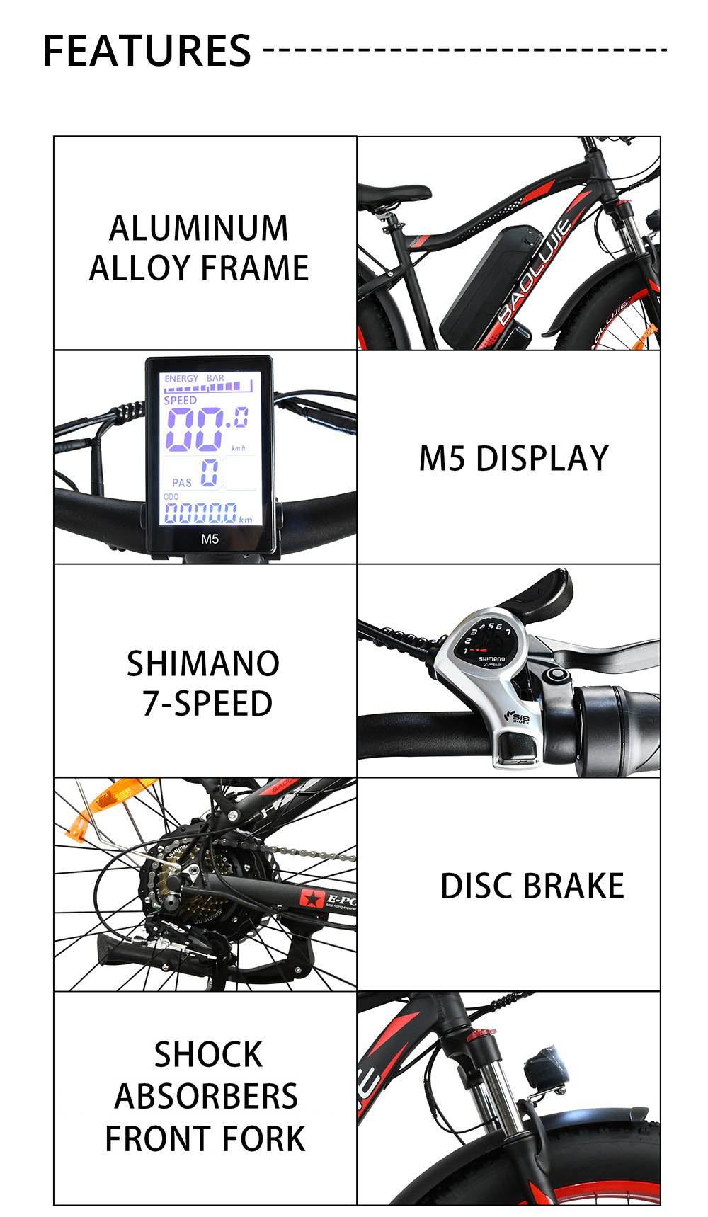 BAOLUJIE DP2619 Electric Bike, 26*4.0inch Fat Tire 750W Motor 48V 13Ah Battery 45km/h Max Speed 45km Max Range SHIMANO 7-speed LCD Display - Black