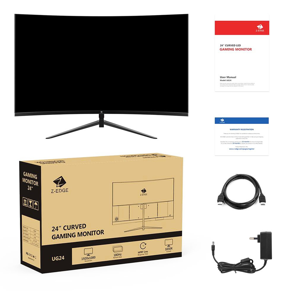 Z-Edge UG24 24'' 1650R Curved Gaming Monitor, 180Hz Refresh Rate, 1ms Response Time, 1920x1080 FHD, Adaptive Sync, 178° Viewing Angle, VESA Mount, HDMI+DP, Low Blue