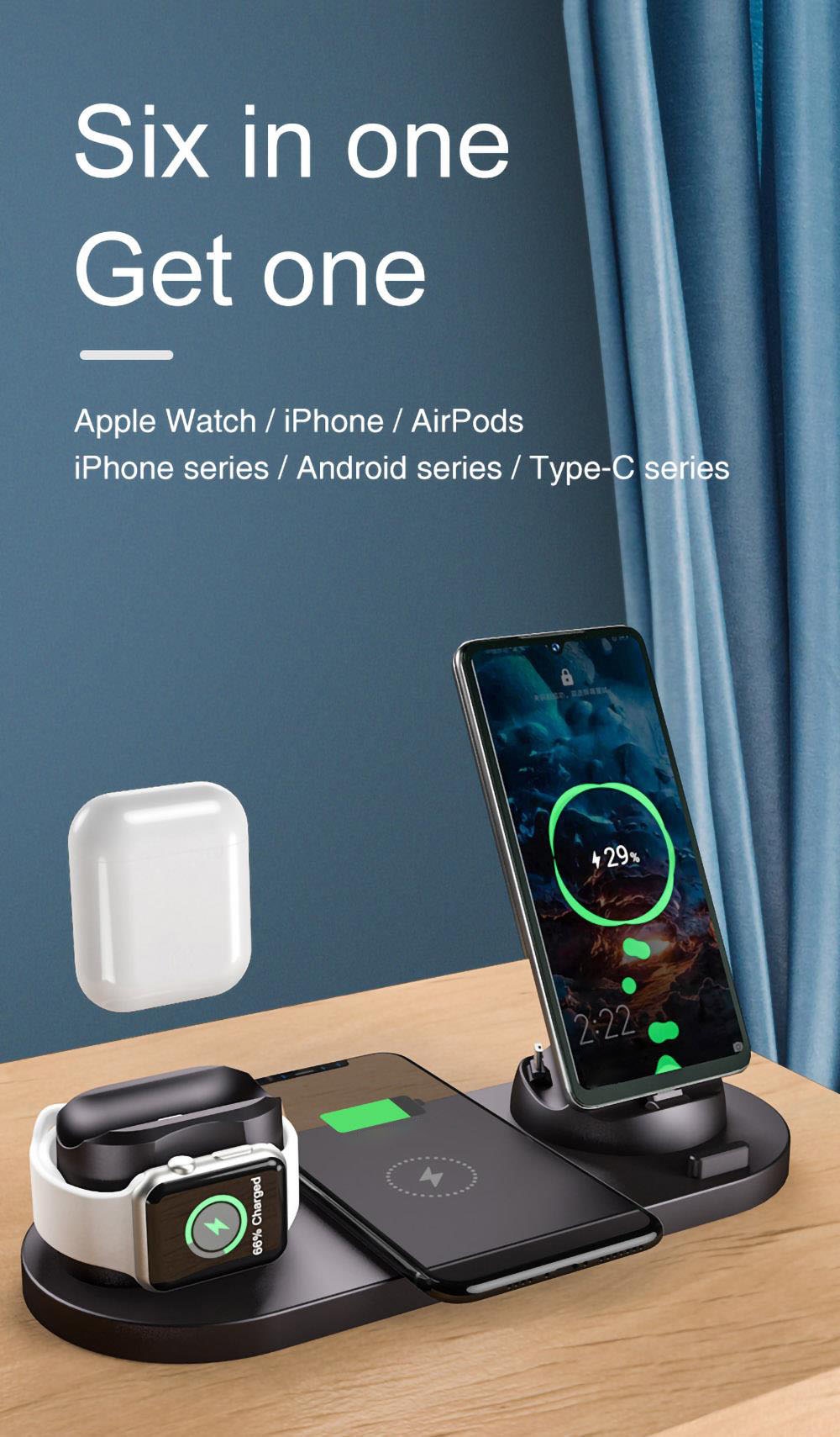 6 in 1 15W Wireless Charger Mobile Phone Earphone Wireless Fast Charging Bracket - Black