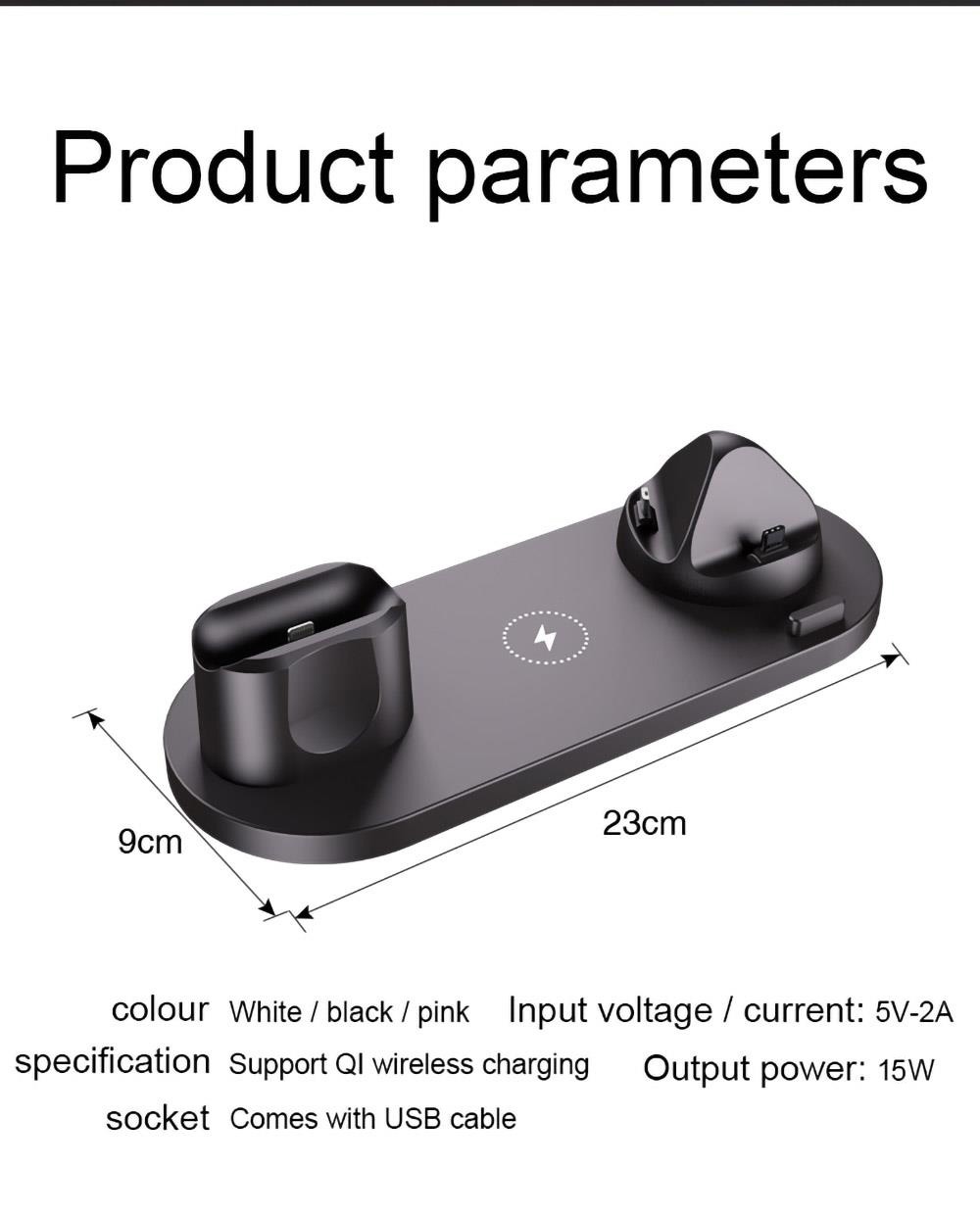 6 in 1 15W Wireless Charger Mobile Phone Earphone Wireless Fast Charging Bracket - Black