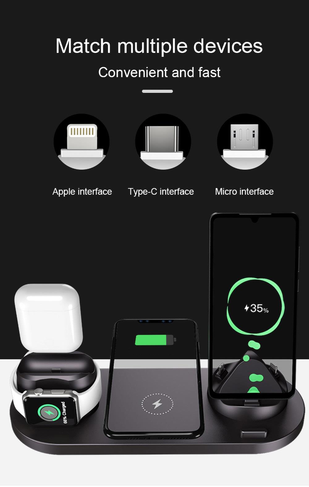 6 in 1 15W Wireless Charger Mobile Phone Earphone Wireless Fast Charging Bracket - Black