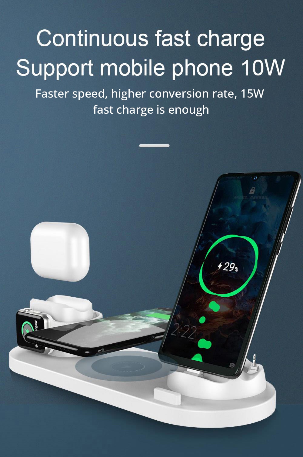 6 in 1 15W Wireless Charger Mobile Phone Earphone Wireless Fast Charging Bracket - Black