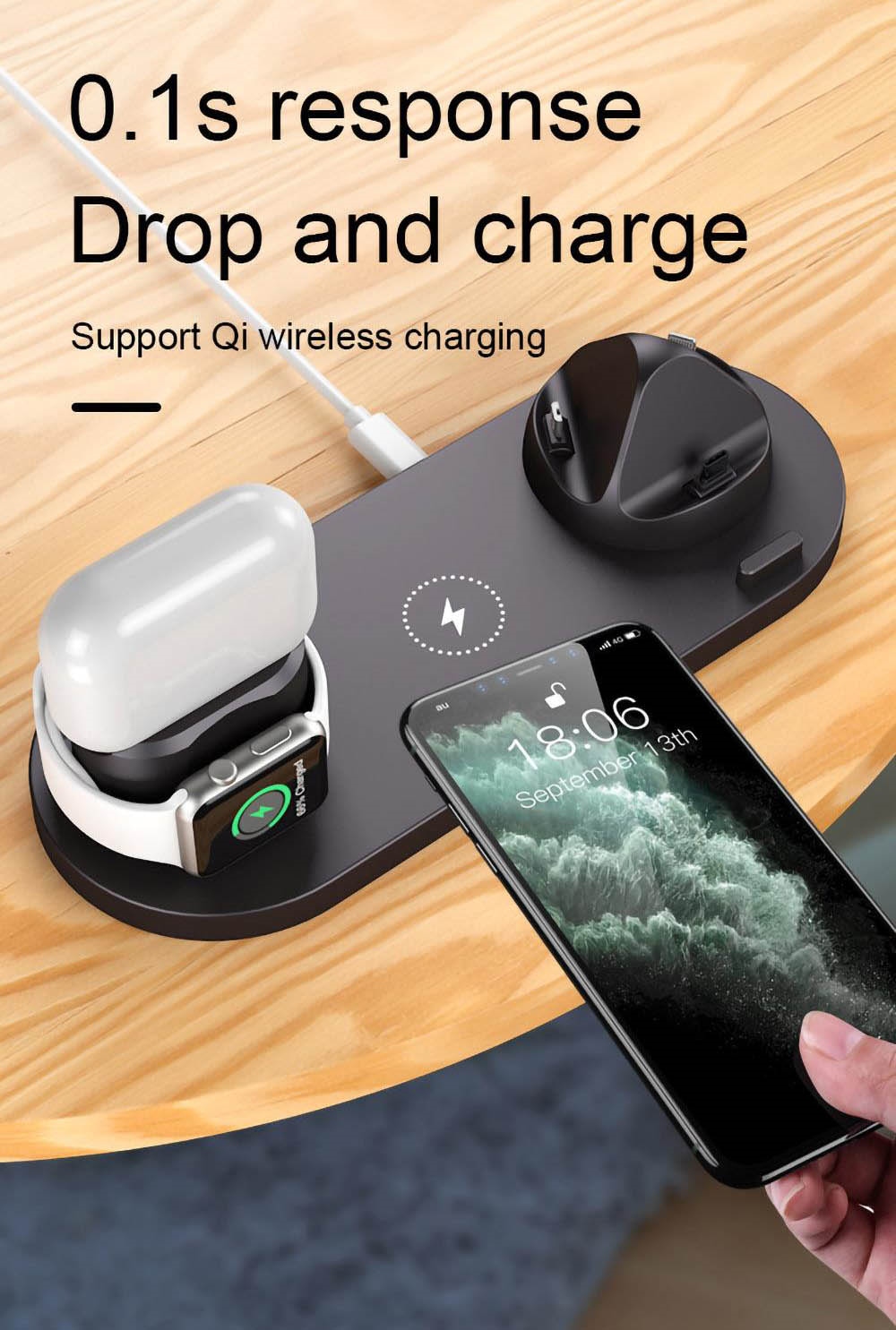 6 in 1 15W Wireless Charger Mobile Phone Earphone Wireless Fast Charging Bracket - Black