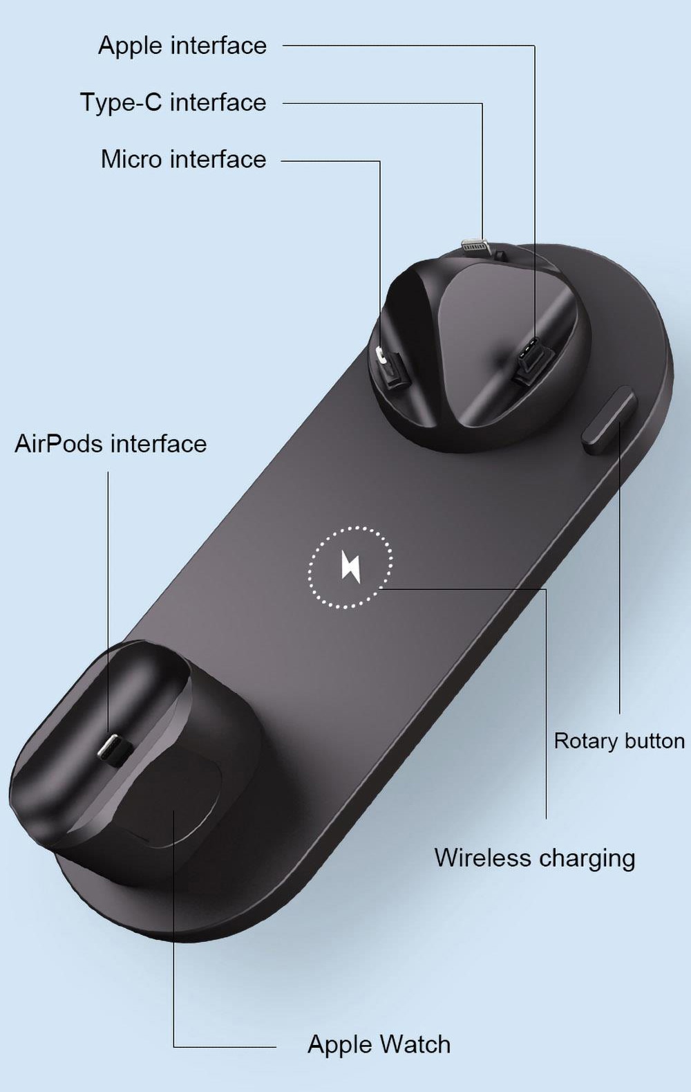 6 in 1 15W Wireless Charger Mobile Phone Earphone Wireless Fast Charging Bracket - Black