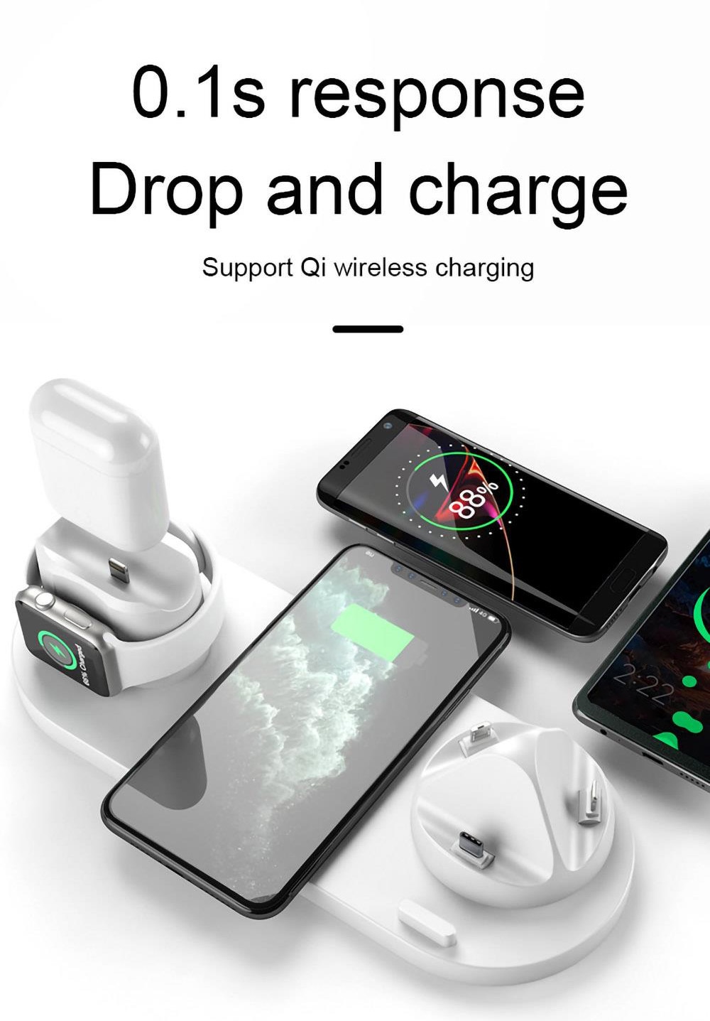 6 in 1 15W Wireless Charger Mobile Phone Earphone Wireless Fast Charging Bracket - Black