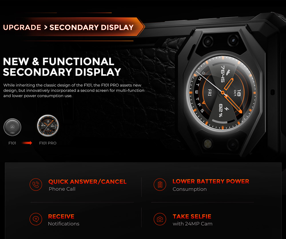 FOSSiBOT F101 PRO Robustes Smartphone, entsperrt 2023, 8 GB + 128 GB, AI-Dreifachkamera, funktionales Display auf der Rückseite, 10600 mAh großer Akku, Entsperrung per Fingerabdruck/Gesicht, NFC, HAC, Android 13.0 – Schwarz