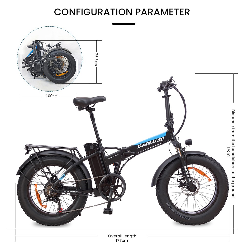 BAOLUJIE DZ2001 Folding Electric Bike, 48V 12Ah Battery 500W Motor 20*4.0inch Tires 45km/h Max Speed 30-40km Range Disc Brake - Black