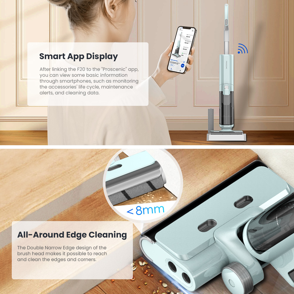 Proscenic WashVac F20 Cordless Wet Dry Vacuum Cleaner, Self-Cleaning, 15KPa Suction, 1L Water Tank, 4000mAh Detachable Battery, 45Mins Runtime, LED Display, App/Voice Control - Blue
