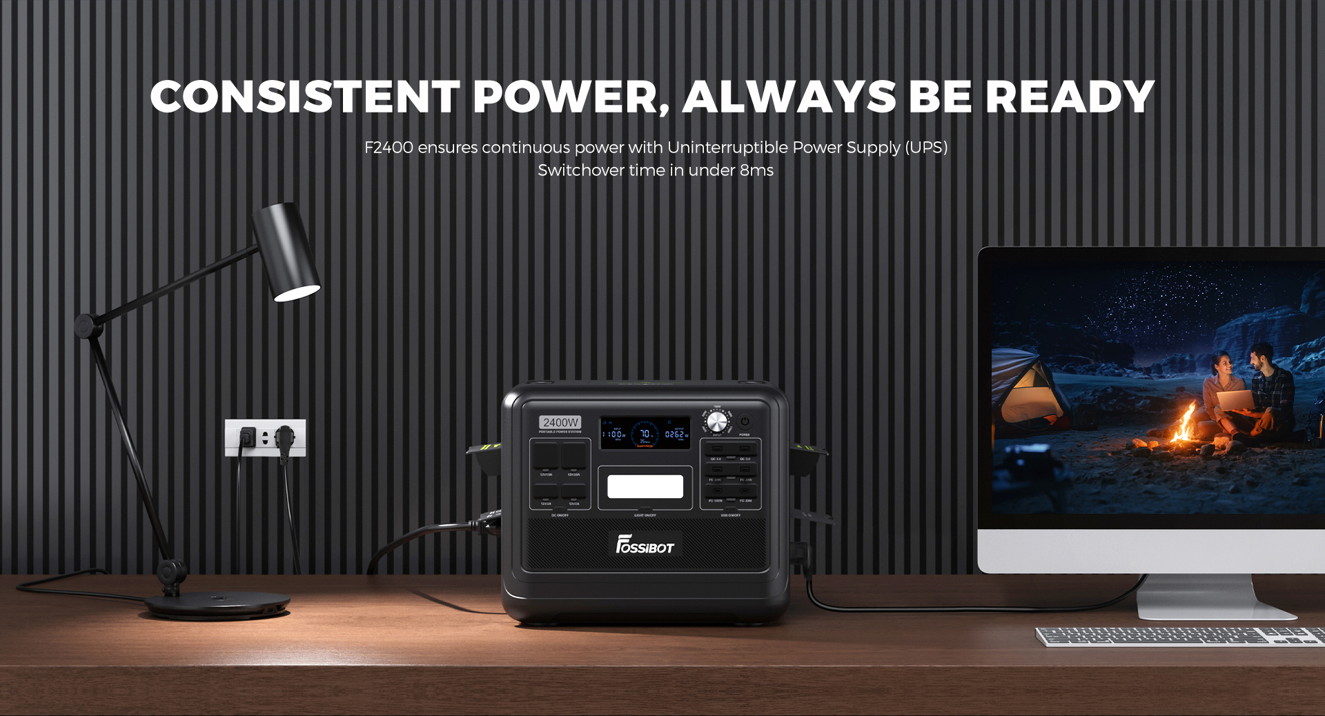 FOSSiBOT F2400 Portable Power Station, 2048Wh/640000mAh LiFePO4 Battery, 2400W(4600W Peak) Solar Generator, 3xAC RV Car USB Type-C QC3.0 PD DC5521 Pure Sine Wave Full Outlets, 1.5 Hours Fast Charging, MPPT Charge Controller BMS - Black