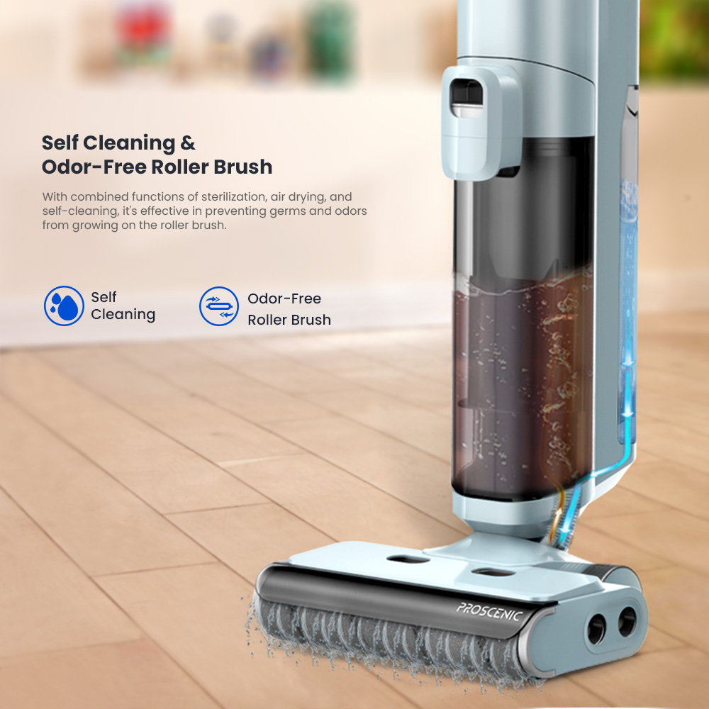 Proscenic WashVac F20 Cordless Wet Dry Vacuum Cleaner, Self-Cleaning, 15KPa Suction, 1L Water Tank, 4000mAh Detachable Battery, 45Mins Runtime, LED Display, App/Voice Control - Blue